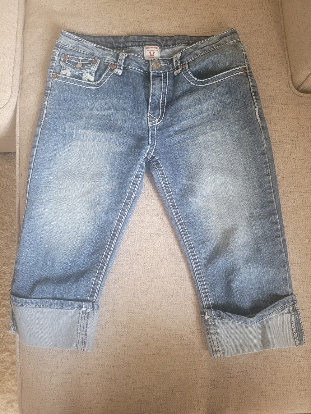 True Religion Medium Blue Cuffed Cropped Jean Shorts